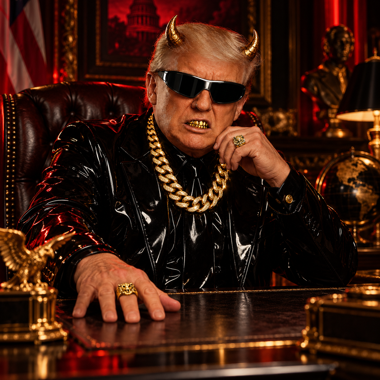 Hell Don seated in a dark red office
